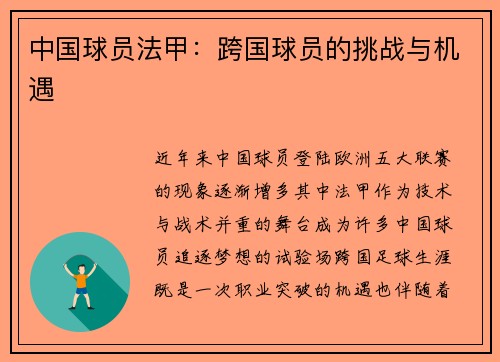 中国球员法甲：跨国球员的挑战与机遇